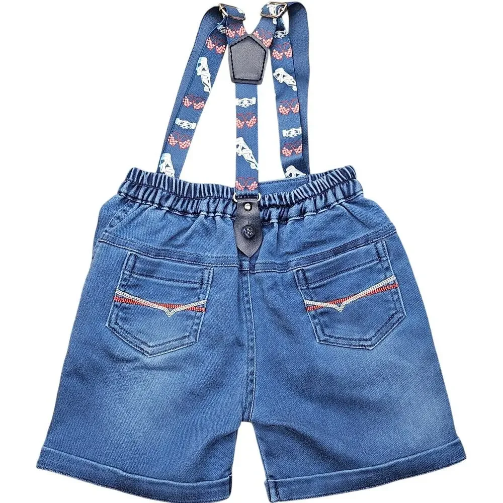 BABE BABY BLUE DENIM SUSPENDER SHORTS – TODDLER XL –  “WIN THE RACE” EMBROIDERED